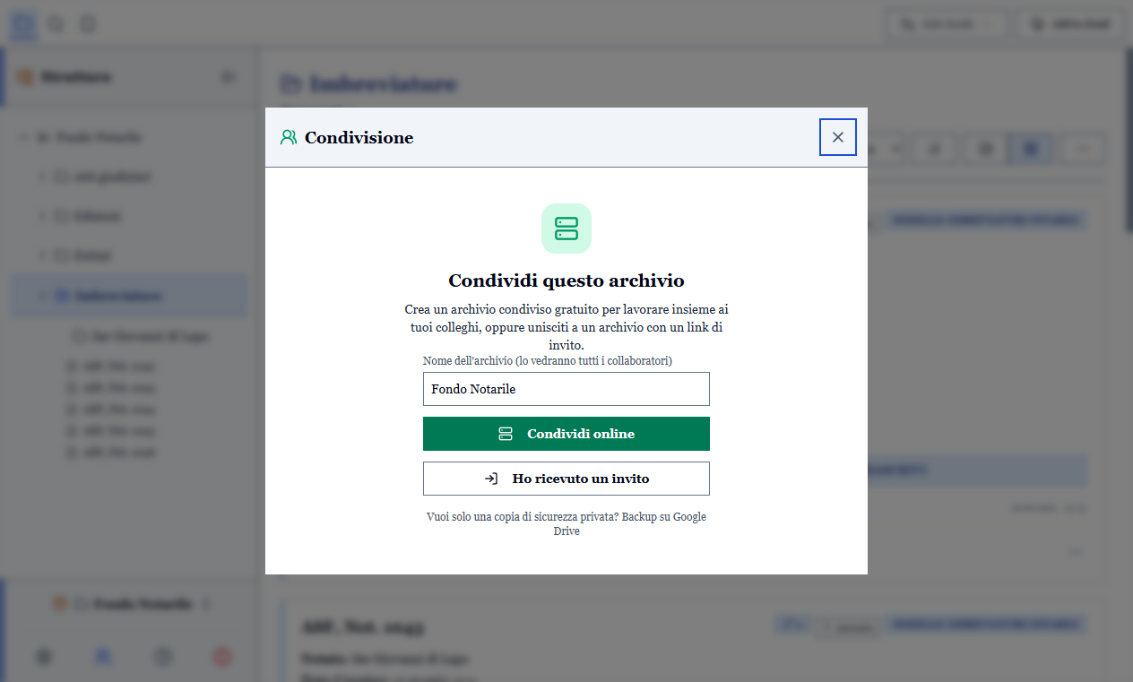 La finestra di condivisione, con la creazione dell'archivio comune e l'ingresso tramite invito