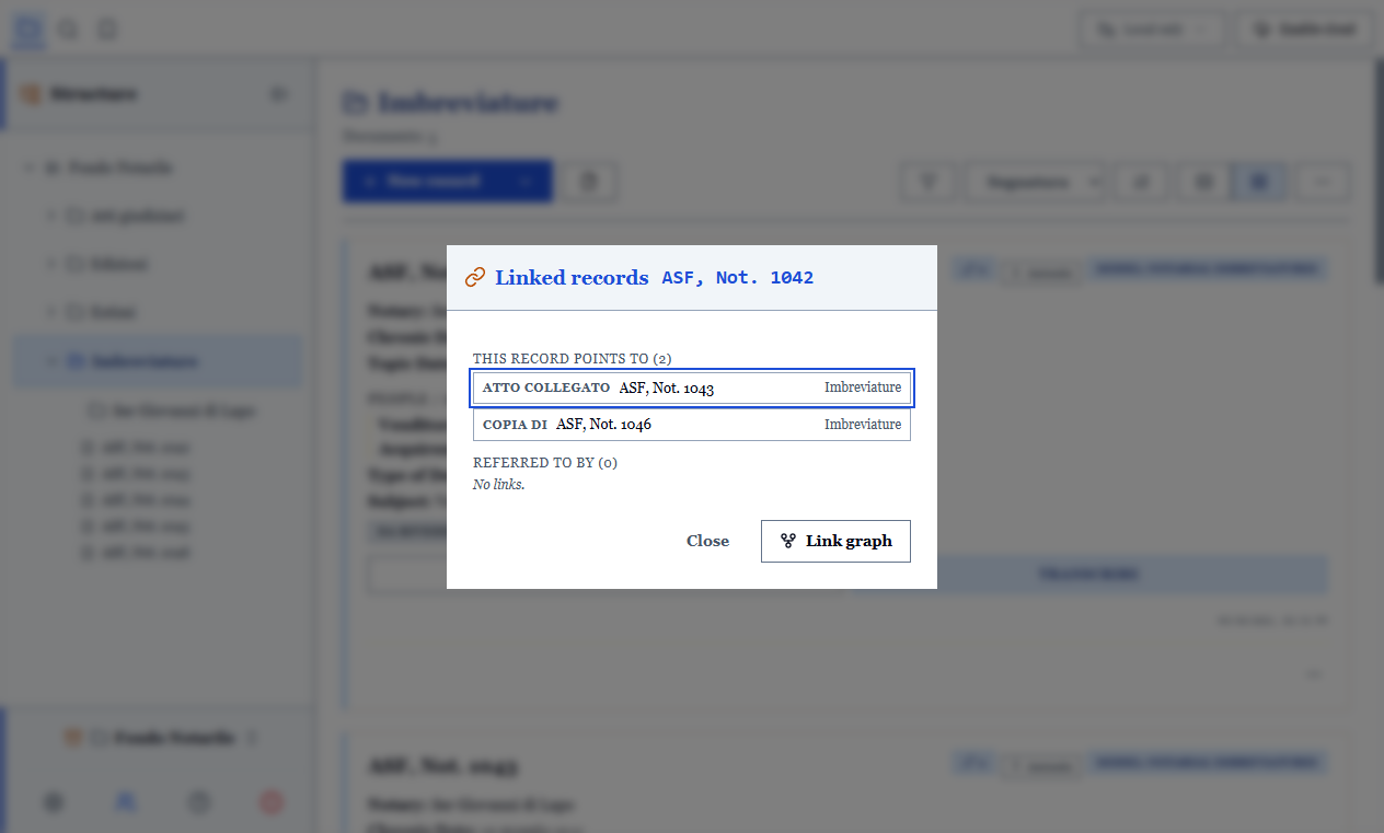 The linked records panel, with outgoing and incoming references