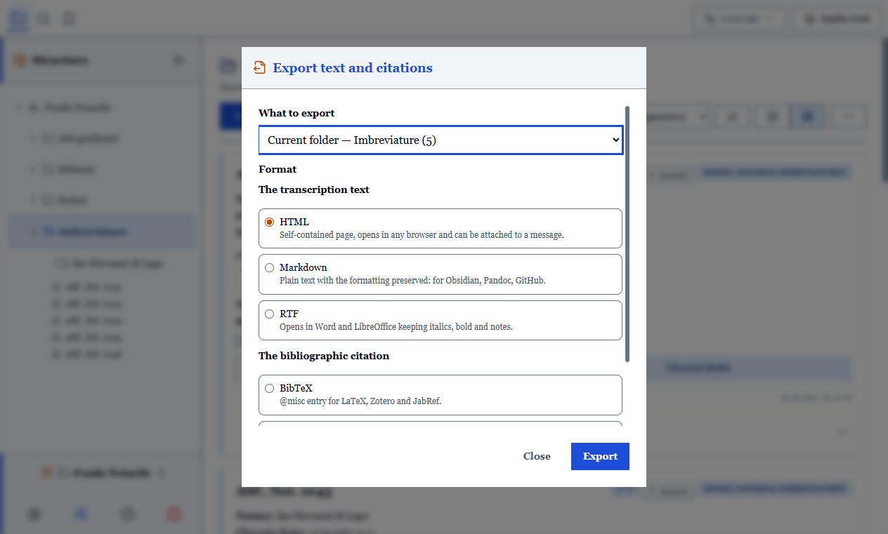 The export window with the choice of scope and of the five formats
