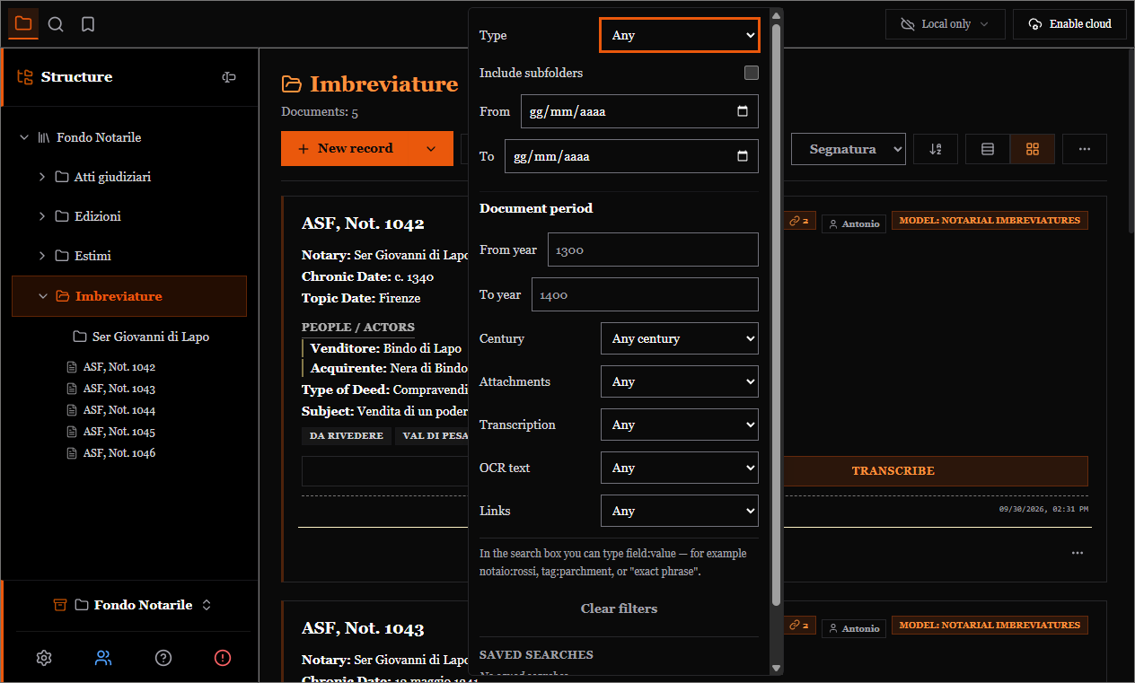 The advanced filter panel, with type, document period, century, attachments, transcription, OCR and links
