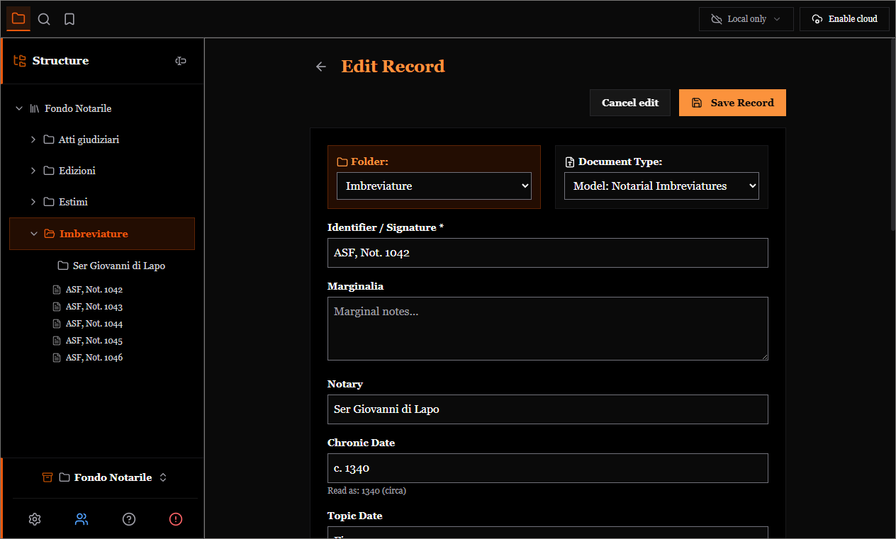 The record form, with archive, document type, shelfmark and the fields of the model