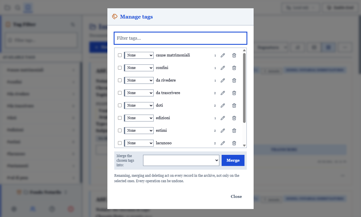 The tag management window: list with counts, colour, rename, delete and merge bar