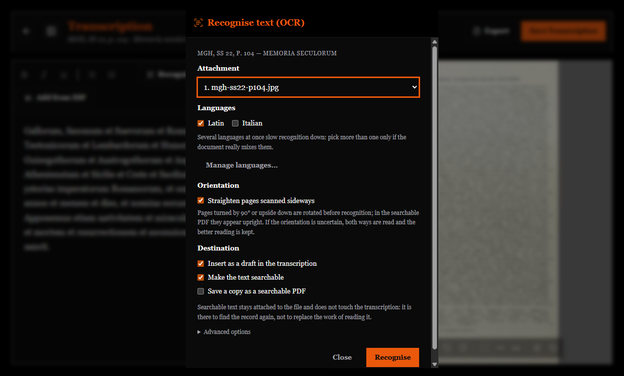 The OCR window, with the choice of languages, page orientation and where the text goes
