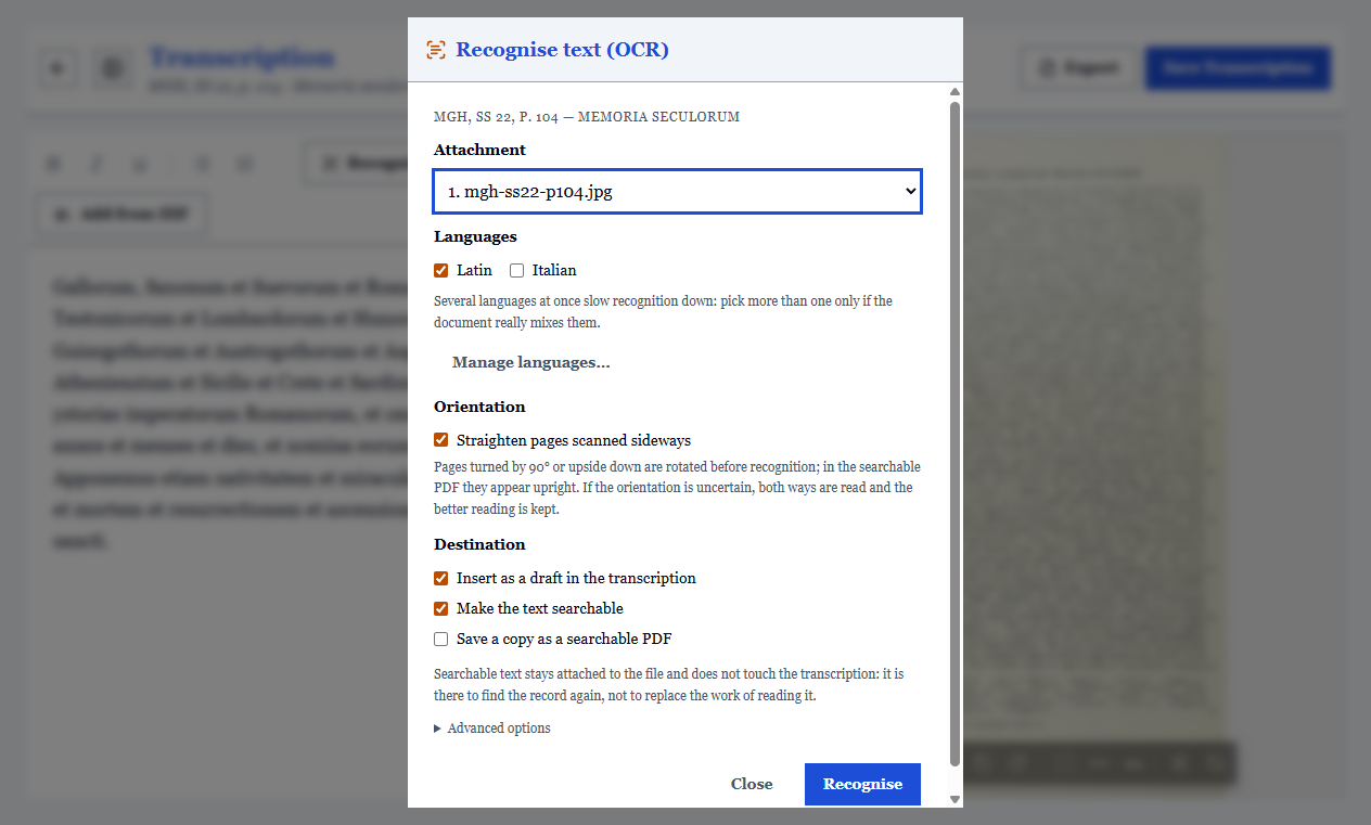 The OCR window, with the choice of languages, page orientation and where the text goes