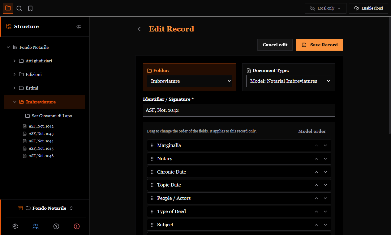 The list of fields in reordering mode, with the arrows to move them