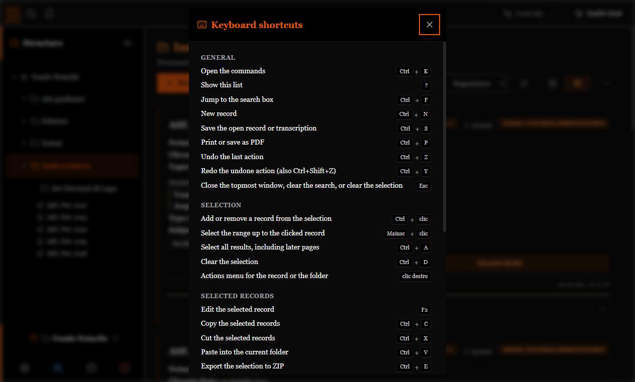 The keyboard shortcuts panel