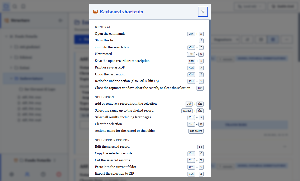 The keyboard shortcuts panel
