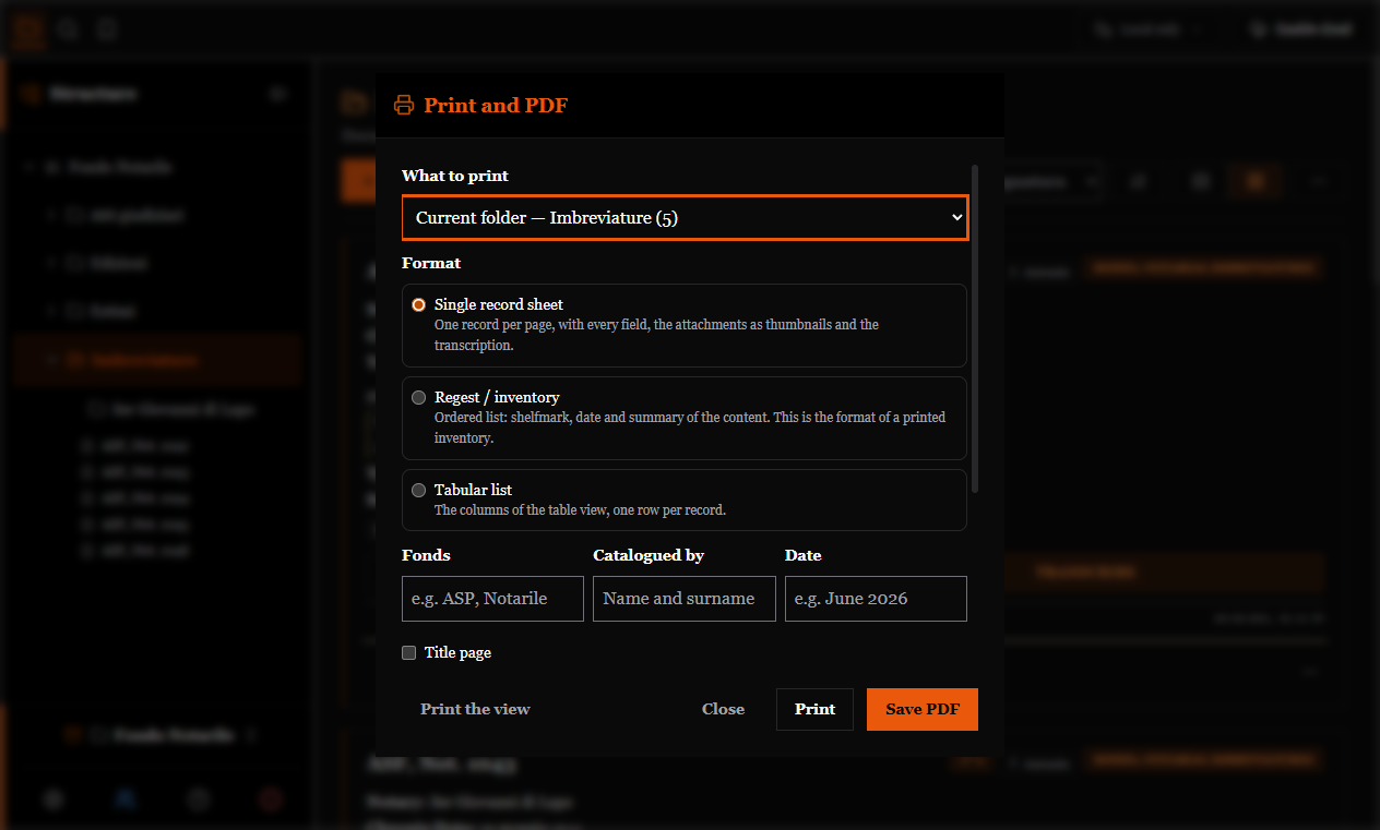 The print window: what to print, the three formats, fonds, author, date and options