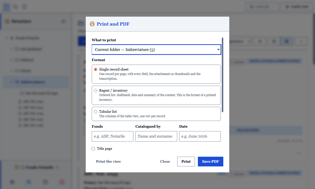 The print window: what to print, the three formats, fonds, author, date and options