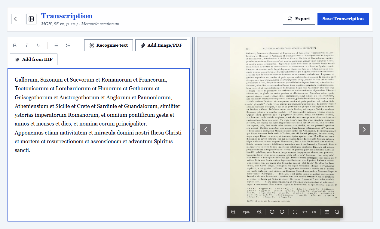 The transcription environment: editor on the left, document folio on the right