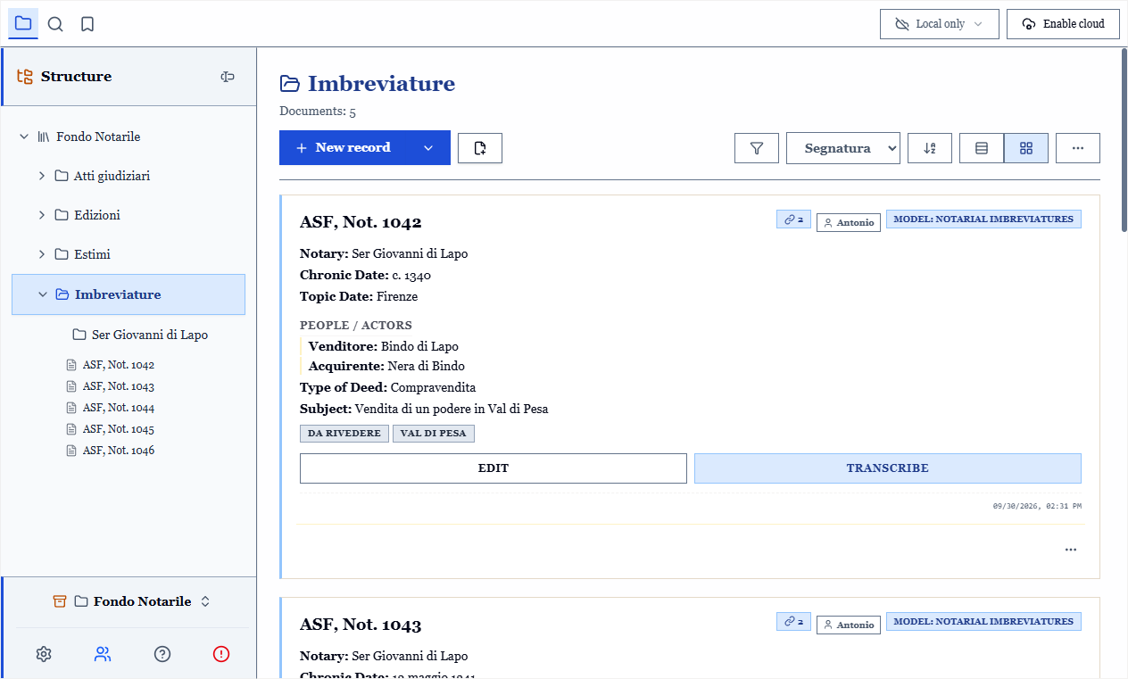 The main ArchiView window: panel bar and folder tree on the left, list of records in the centre