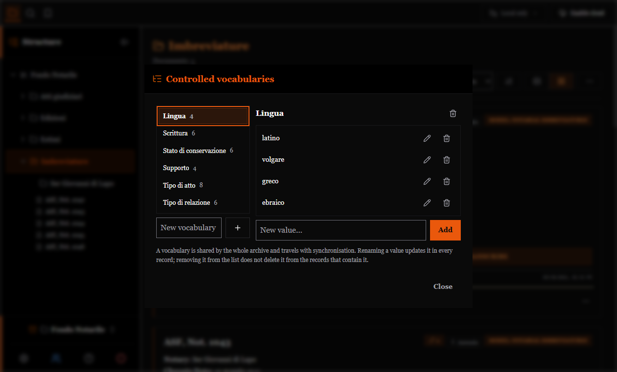 The controlled vocabularies window, with the list on the left and the values on the right