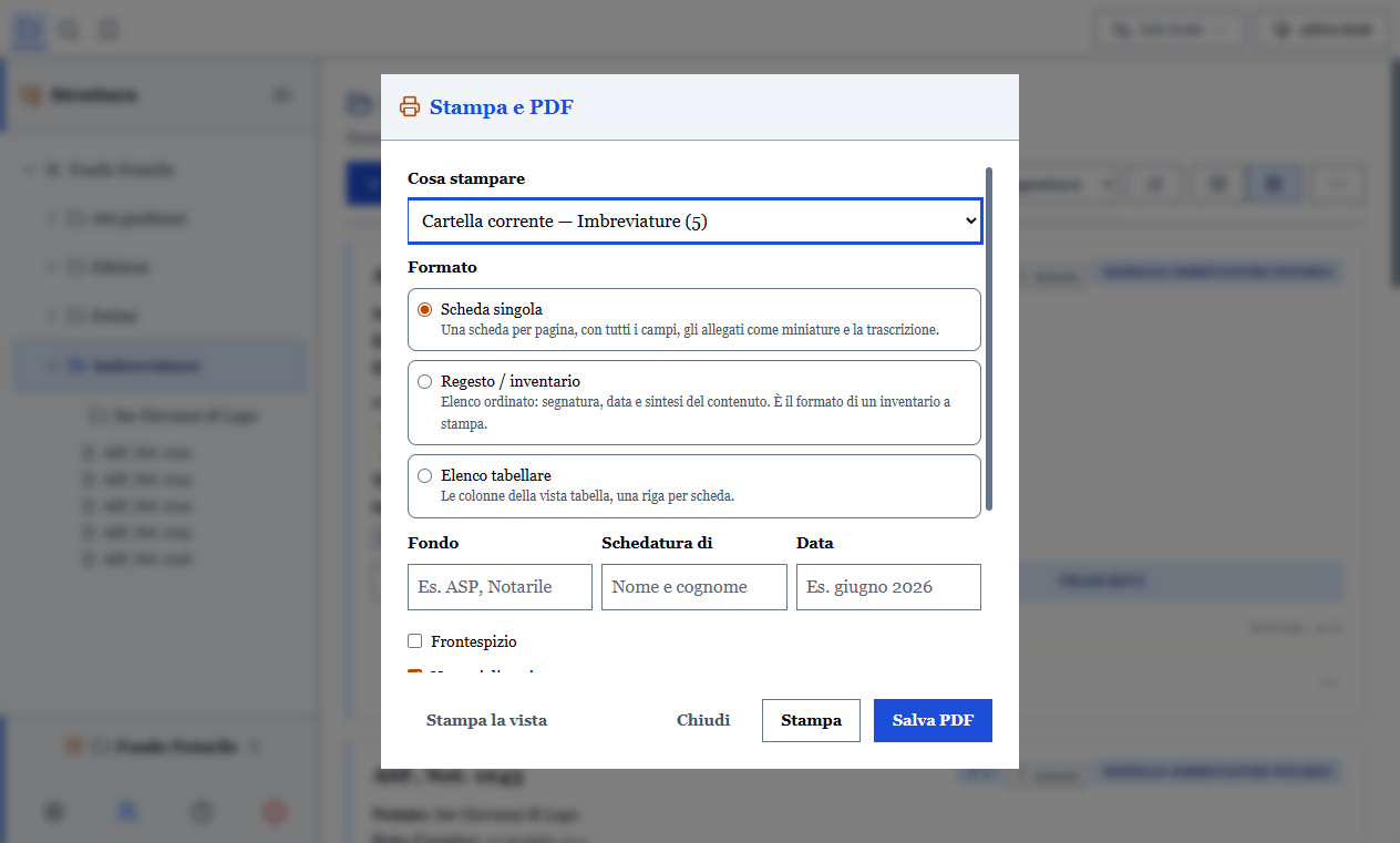 La finestra di stampa: cosa stampare, i tre formati, fondo, autore, data e le opzioni