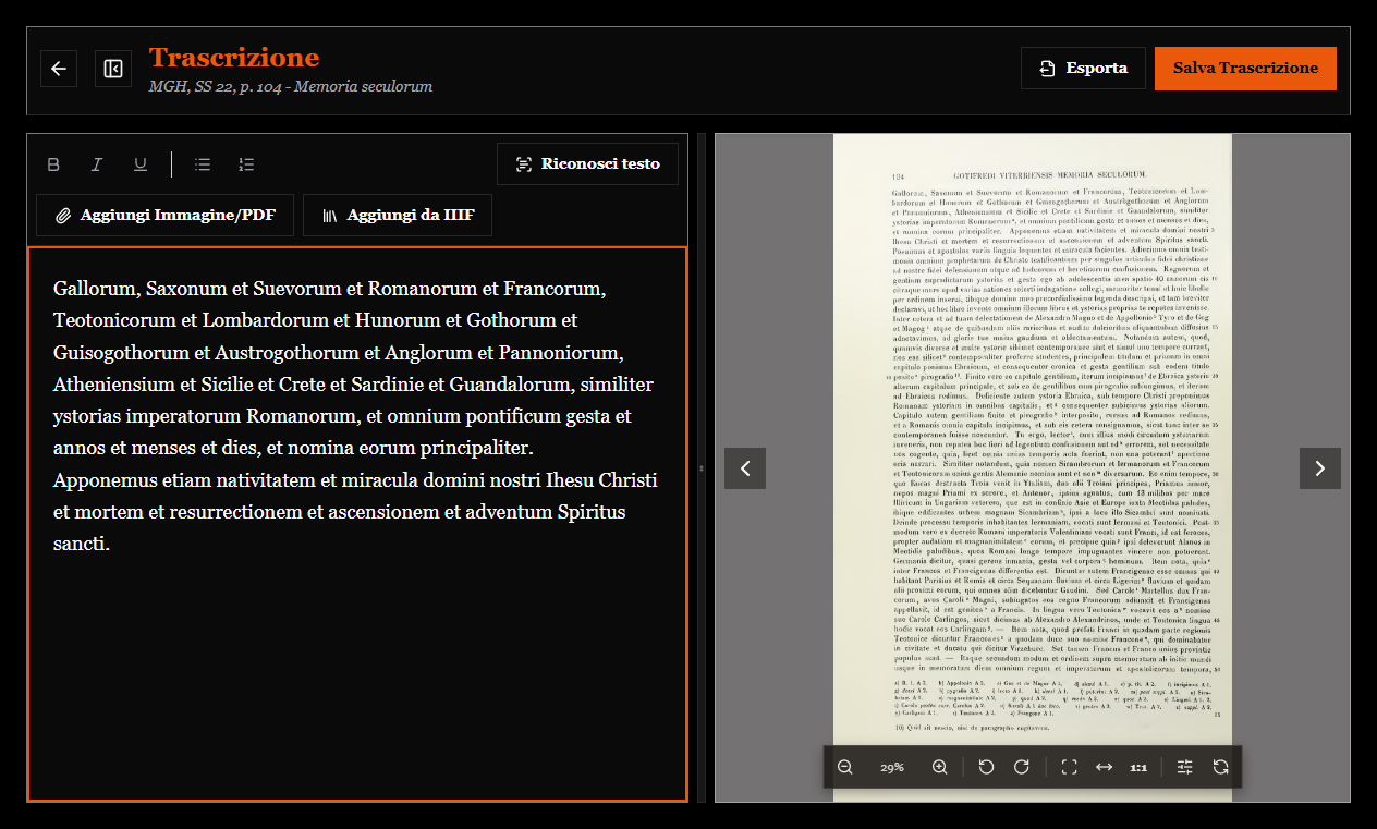 L'ambiente di trascrizione: editor a sinistra, carta del documento a destra