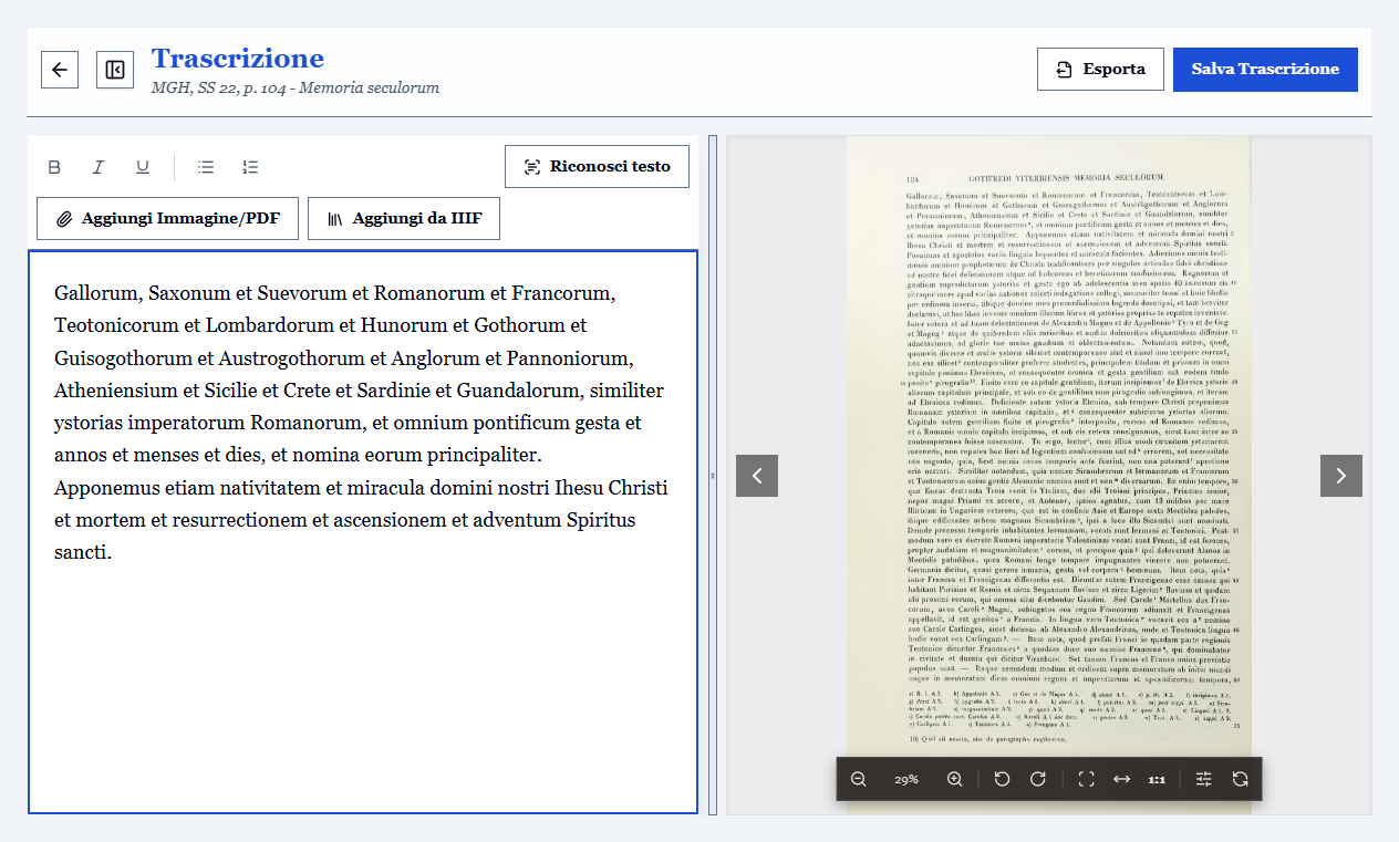 L'ambiente di trascrizione: editor a sinistra, carta del documento a destra