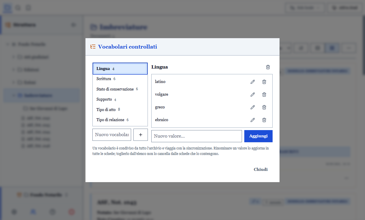 La finestra dei vocabolari controllati, con l'elenco a sinistra e i valori a destra